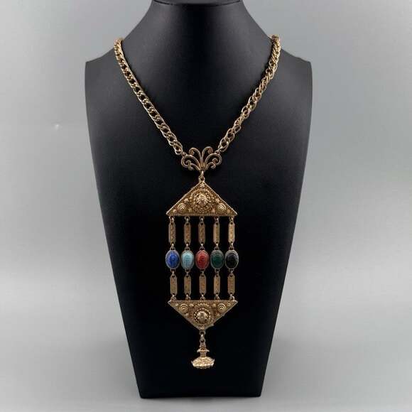 UNSIGNED Jewelry - Vintage Egyptian Revival 5 Scarab Necklace Ornate Pendant Gold Tone Unsigned